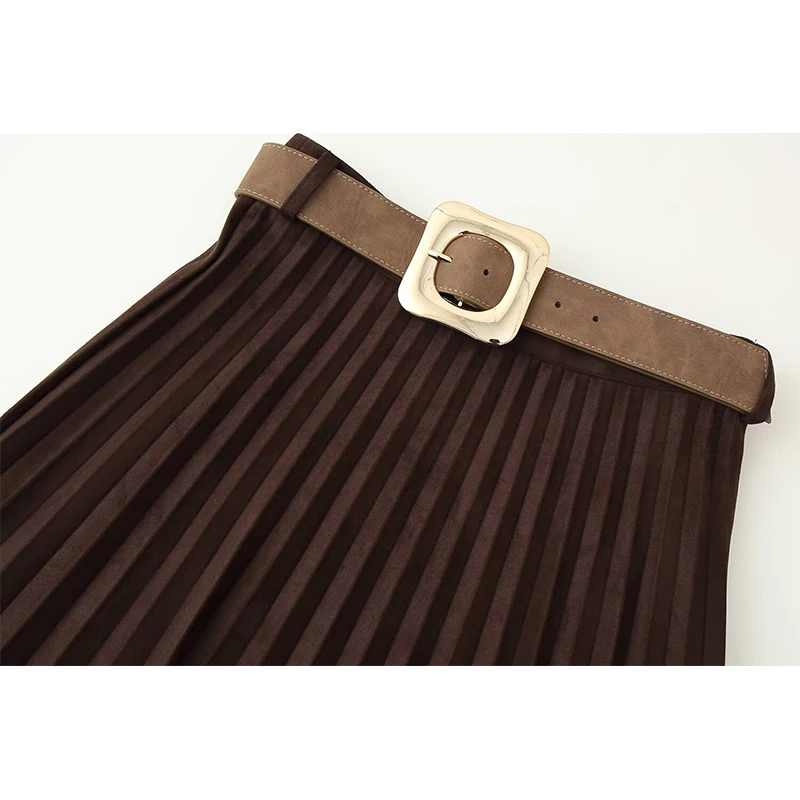 YENKYE Otoño Invierno con cinturón Falda larga de gamuza sintética mujeres de cintura alta faldas elegantes plisadas de alta calidad