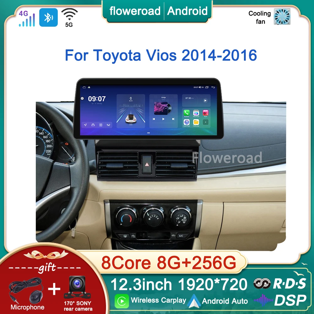 

For Toyota Vios Yaris 2014 2015 2016 12.3'' Screen Car Radio Multimedia Player Android 13 Navigation Wireless Carplay GPS Stereo