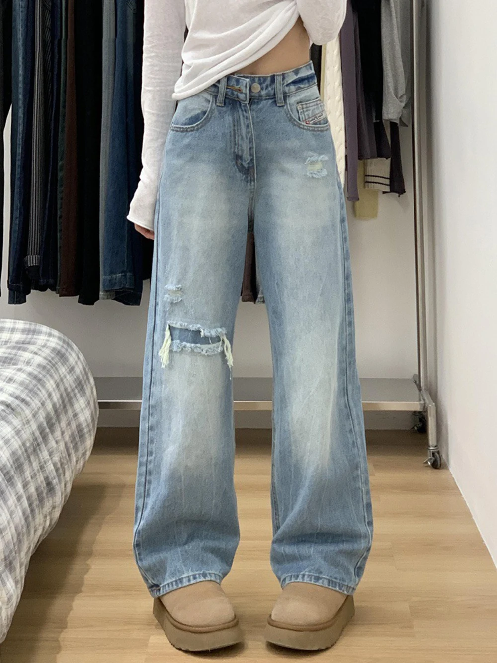 

Джинсы в стиле пэчворк, женские весенне-осенние свободные джинсовые брюки с высокой талией и широкими штанинами, модные универсальные женские брюки