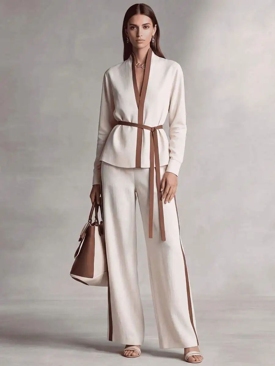 XTOCEAN Women's Elegant V-Neck Long Sleeve Top With Brown Trim And Matching Wide Leg Pants Two-Piece Set For Fall Fashion