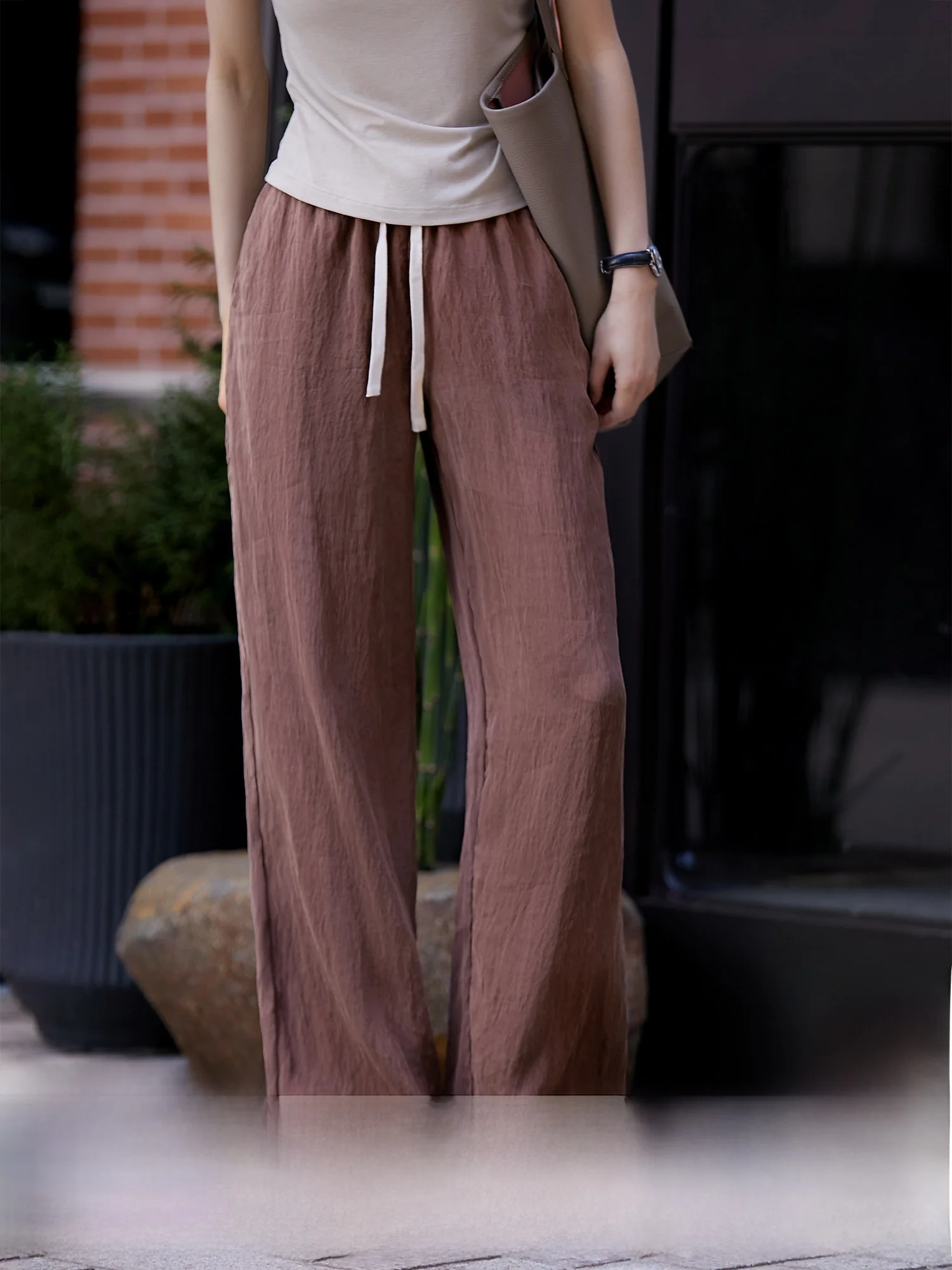 

Xhange Cool Casual Pants Wide Leg Old Style Satin Rayon Straight Cut Women's Spring 2026 High Waist Comfortable Breathable