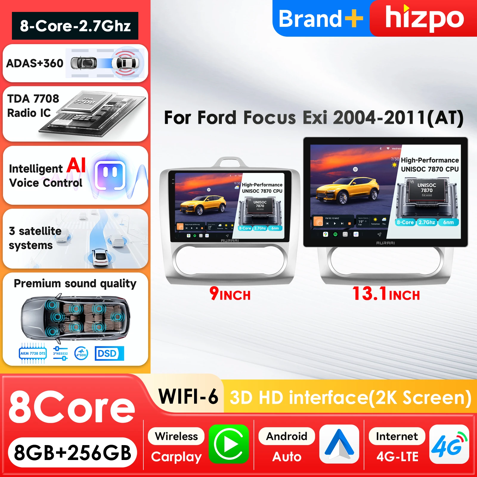 

AURA AI 3D Screen 8Core Multimedia Player for Ford Focus 2 Mk2 2004 - 2011 Auto GPS Carplay Autoradio Intelligent Systems 360cam