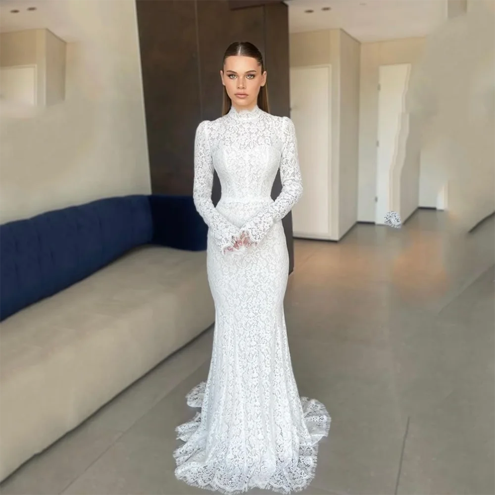 Verngo lvory Lace Wedding Dresses High Neck Full Sleeves Bridal Gowns Women Sweep Train Bride Dresses Customized
