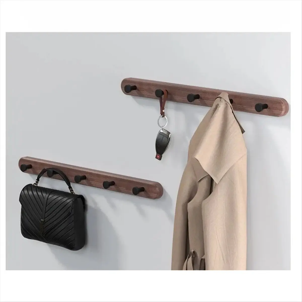 Homegood Walnut Solid Wood Space Aluminum No-Drill Black Walnut Coat Hooks for Hallway Hanging, Hat Hooks, Bathroom Hangers.