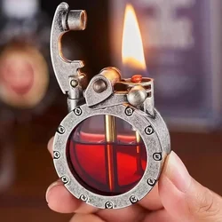 NEW Metal Rocker Arm Kerosene Lighter Creative Personality Round Transparent Oil Tank Open Fire Lighter Men's Small Tools