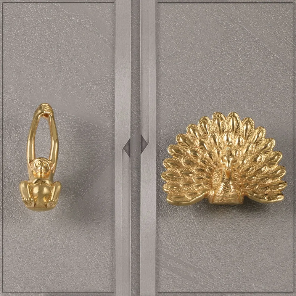 Gold Color Peacock Monkey Brass Handle Luxury Furniture Hardware Cabinet Door Knobs Retro Push-pull Wardrobe Drawer Pulls