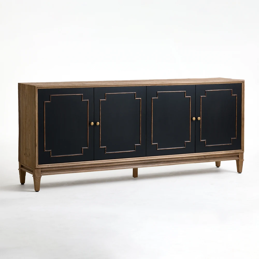 Luxury Minimalist Vintage Nordic Solid Elm Wood Cabinet Black Matt Finish Living Room Furniture