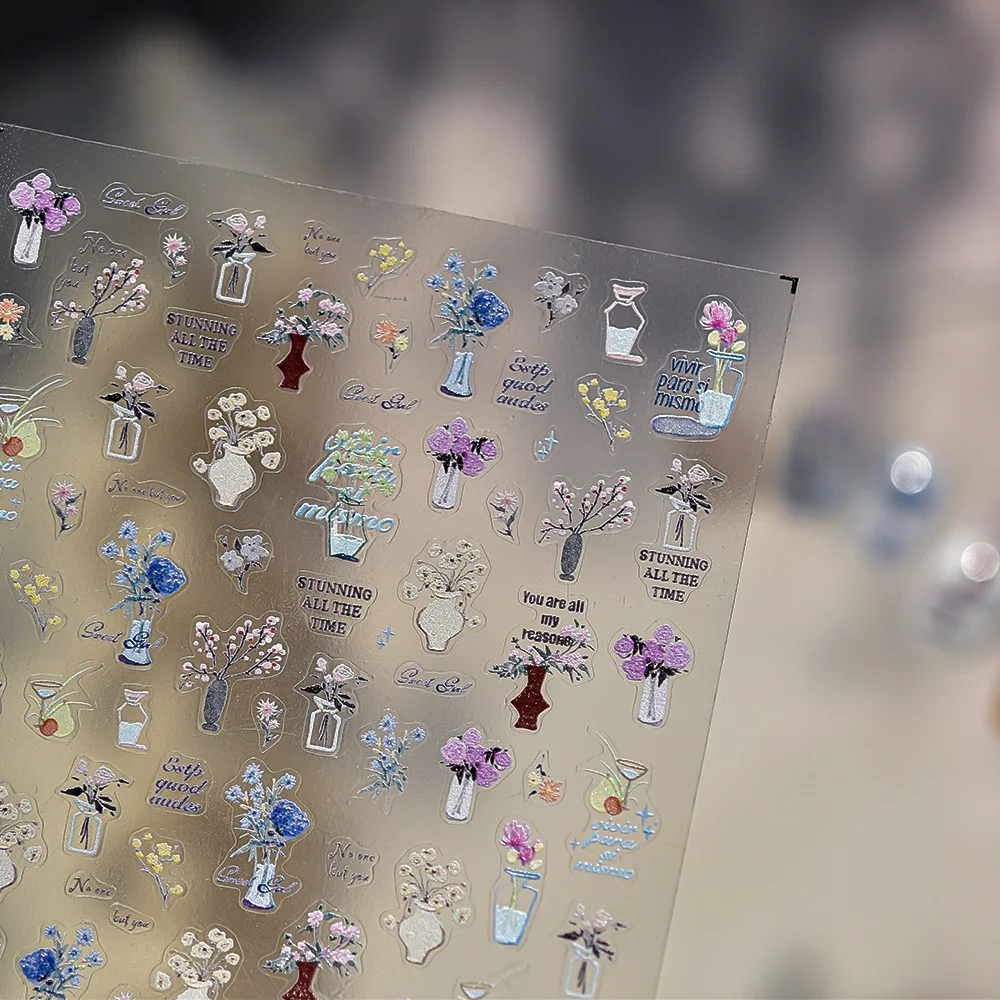 Mode elegante atemberaubende Ikebana Rose Pflaumenblüte Gänseblümchen Vase Blumenarrangement Winter süße Nail Art Dekorationen Aufkleber DIY