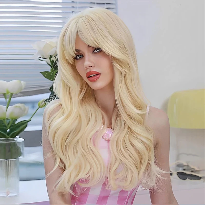 HAIRJOY peruki blond dla kobiet złota Barbe peruka długie włosy peruka z grzywką syntetyczne falujące peruki na imprezę