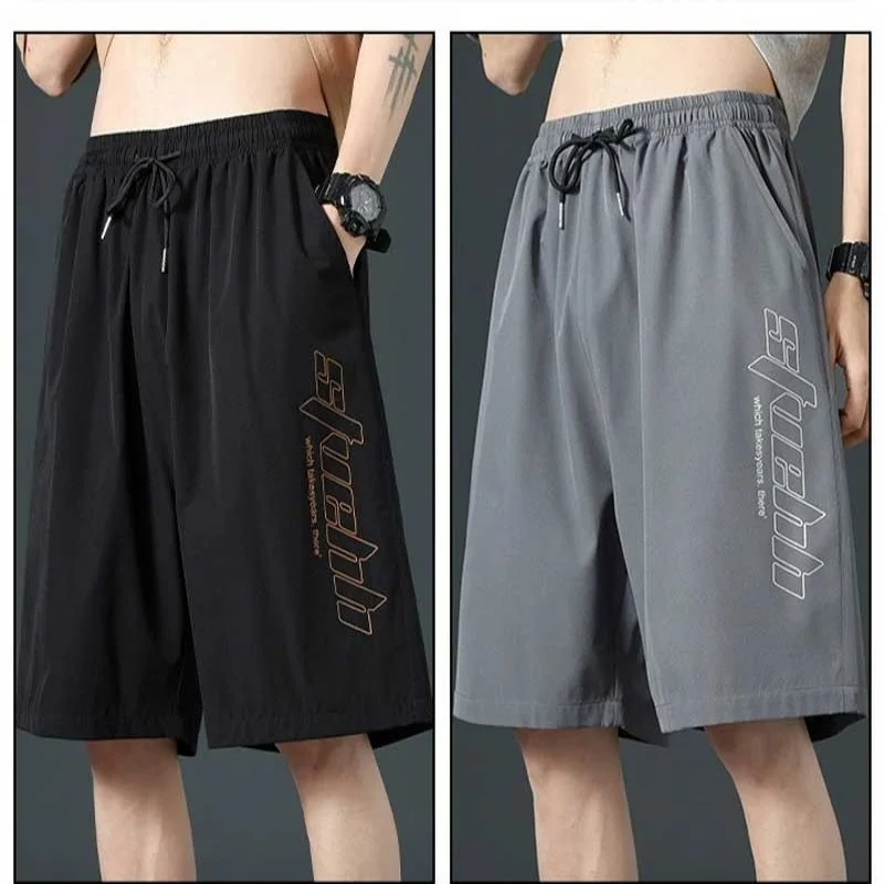 Men's loose quick drying thin five quarter casual shorts, summer vertical striped versatile trendy big slit pants