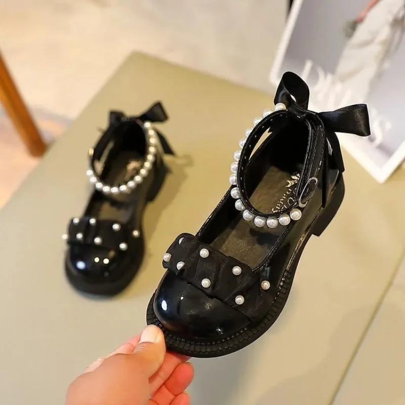 Designer Beaded Princess Dress Party Children's Flat Heels Kids School Leather Shoes for Girls Mary Jane Shoes Child Bow12 Year