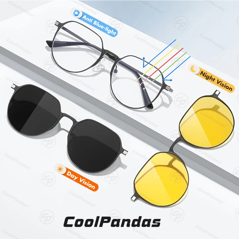 New Style 3 in 1 Magnet Clip on Glasses Alloy Sunglasses Polarized Women Men Night Vision Magnet Clip Anti Blue Light Eyewear