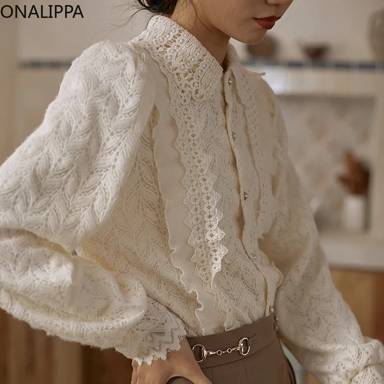 Onalippa Solid Hook Flower Lace Shirts Women Peter Pan Collar Single Breasted Bottoming Blouse Korean Puff Long Sleeves Tops