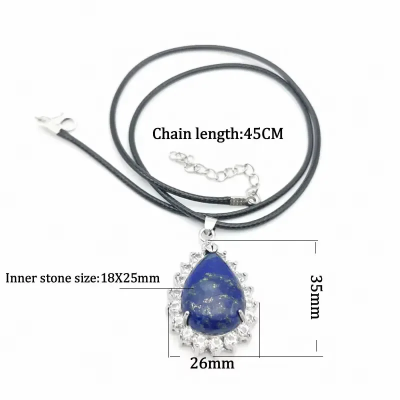 Natural Reiki Gem Stone Water Drop Necklace Pendants Pink Quartz Agate Lapis Lazuli Tiger Eye Opal Rhinestone Jewelry 1PCS