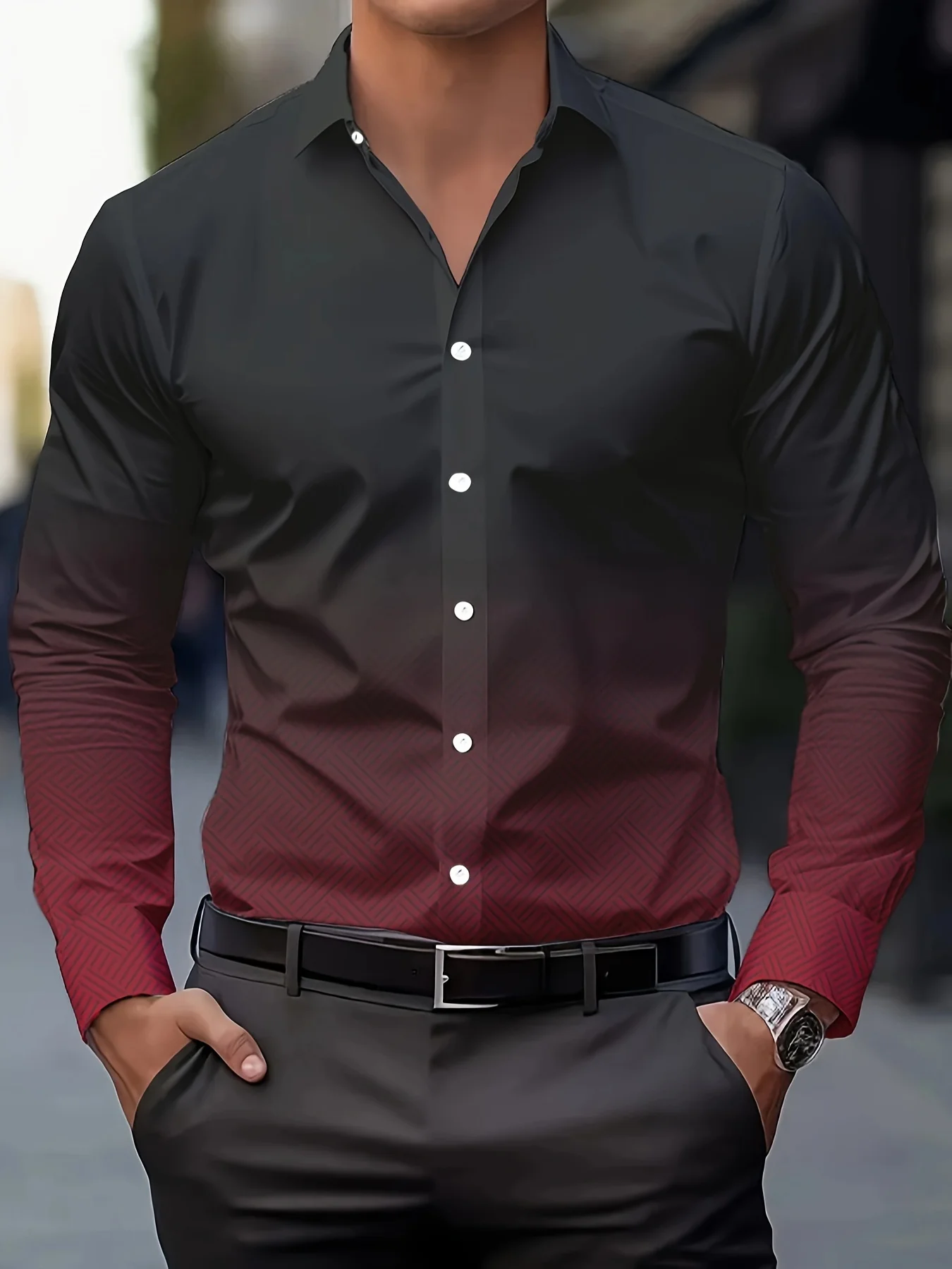 Men\'s Stylish Casual Long Sleeve Shirt Breathable Tops Gradient Casual Business Shirts Full Sleeve shirts Turn-Down Collar