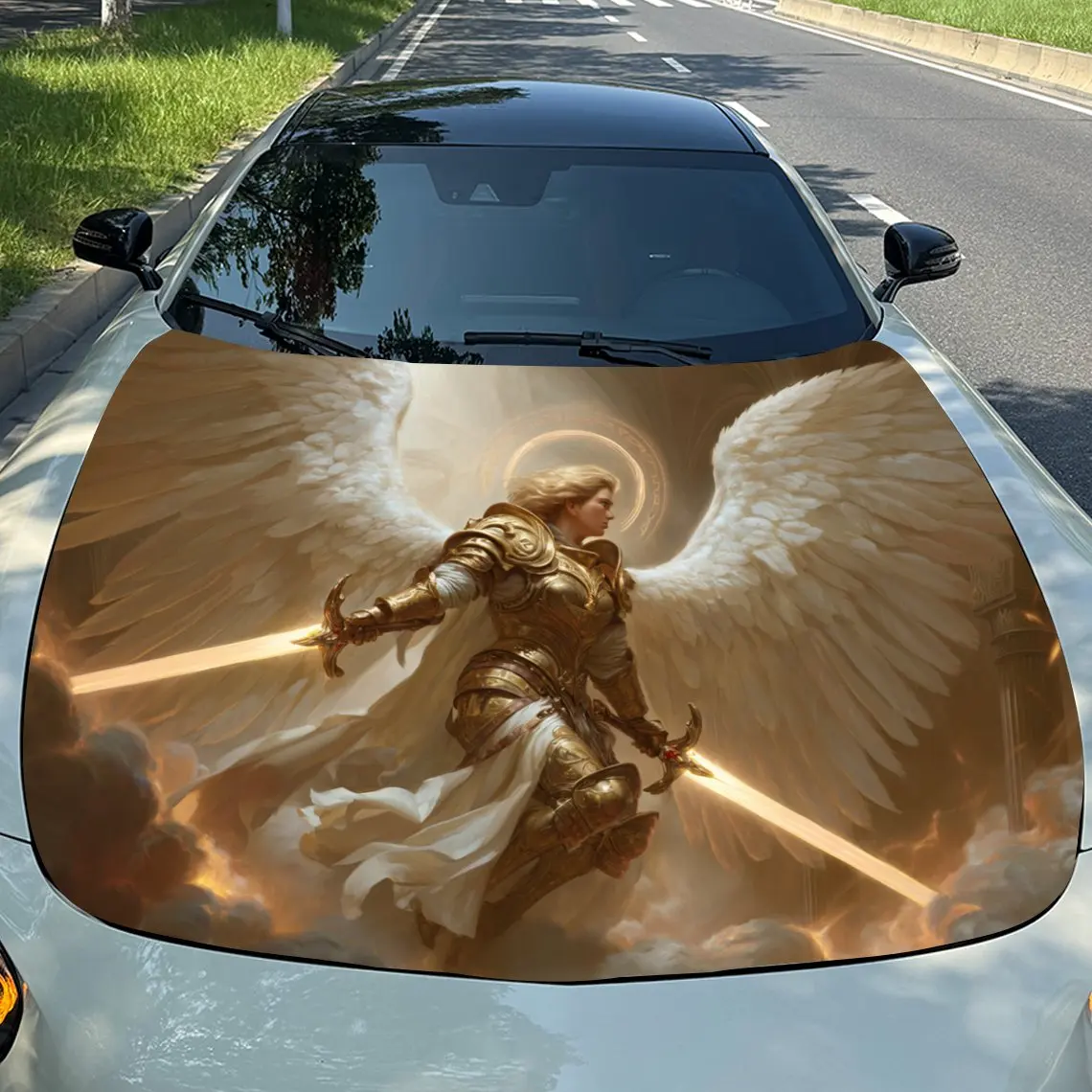 

Golden God Warrior Car Hood Vinyl Wraps, PVC Waterproof Car Bonnet Decals, Self-Adhesive Scratch-Resistant Stickers For Engine C