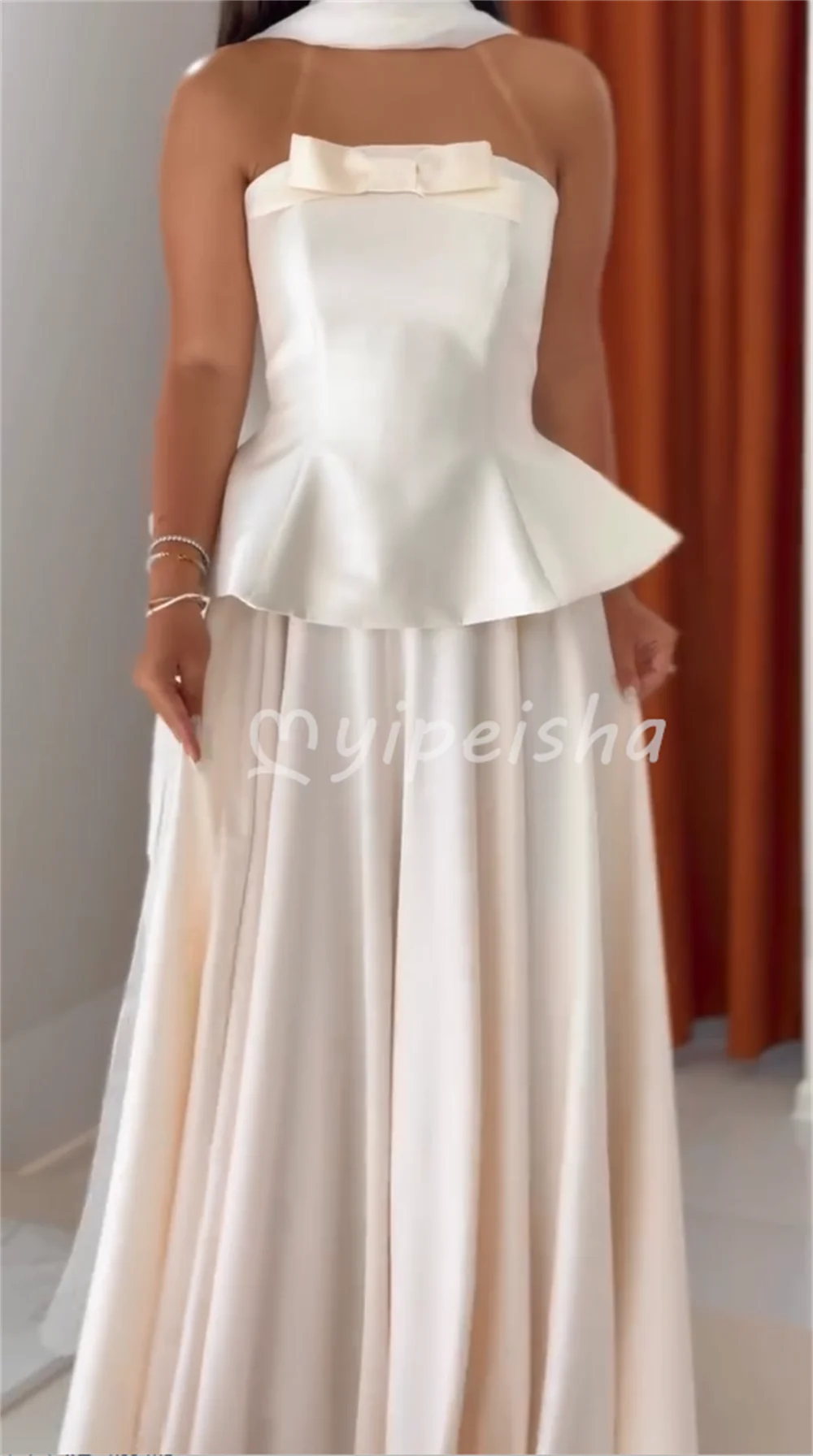 Ivory Sizes Available Simple Charmeuse Pleat Bow Shawl A-line Strapless Floor-Length Evening Dresses for Woman Customized