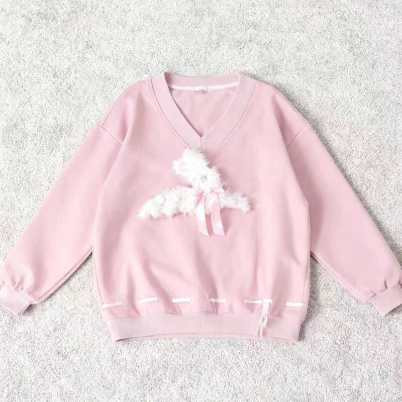 Women Sweet Kawaii Pink Fake Two-Piece Sweatshirt Autumn Winter Preppy Style Cute Hot Girl Tops Casua; Loose Fashion Blouse New