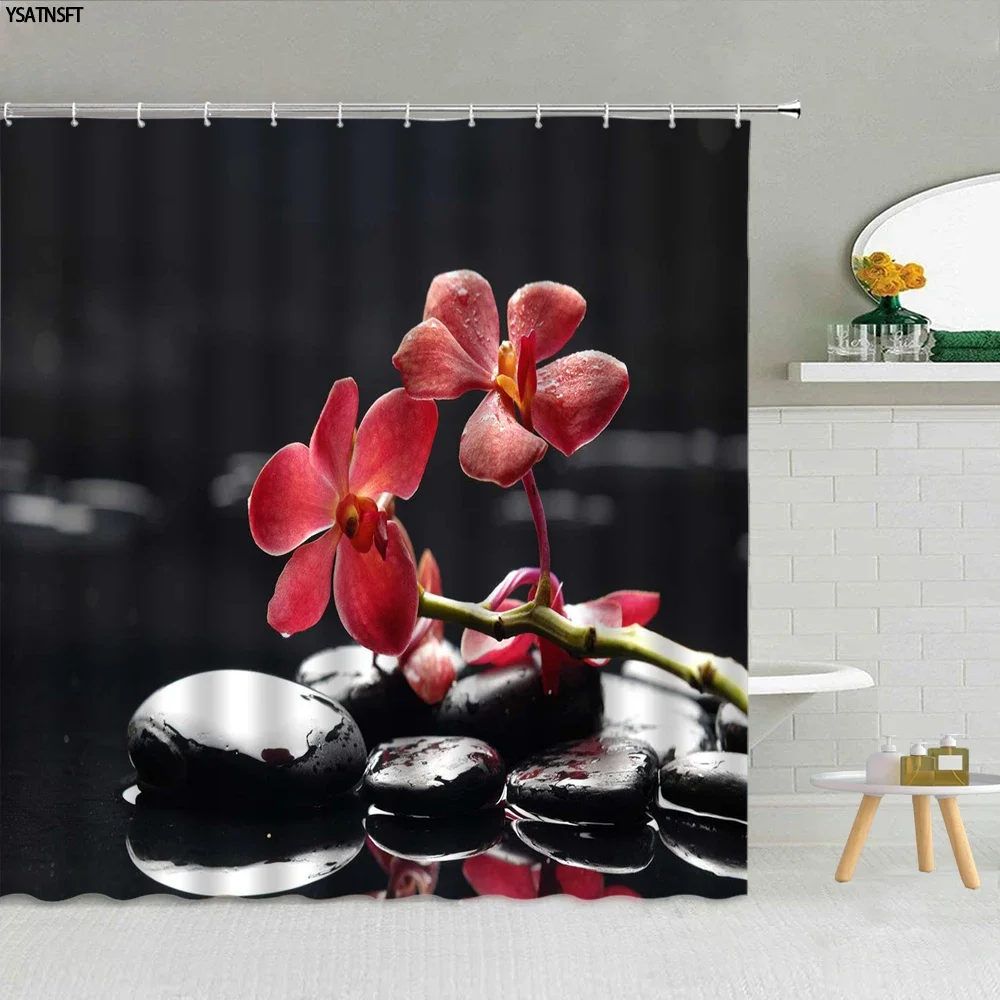 Black Stone Tower Orchid Shower Curtain Candle Zen Aromatic Spa Room Decor Cloth Bathroom Accessories Bath Curtain with Bath Mat