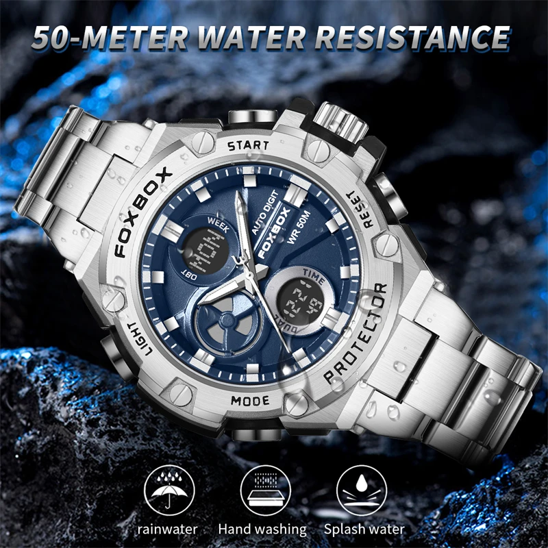 FOXBOX Men Digital Watch LED Sport Military Mens Quartz Wristwatch Male Luminous Waterproof Clock Watches+Gift Box