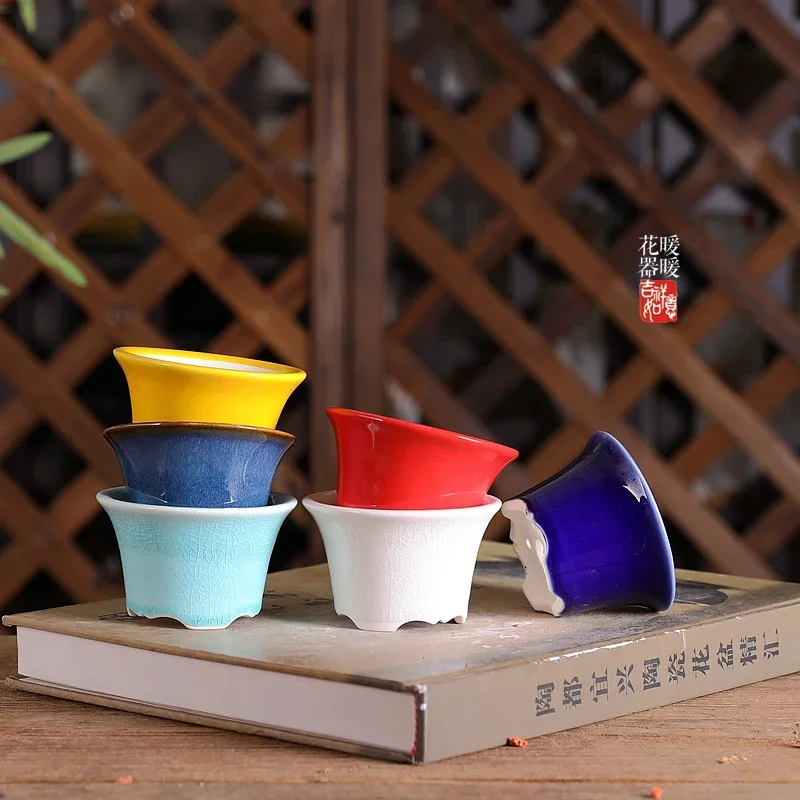 yesPorcelain Round Circle Bonsai Pot, Chinese Shape, Colorful Glazed, Traditional, Dormitory Room Table, Home Garden Decoration