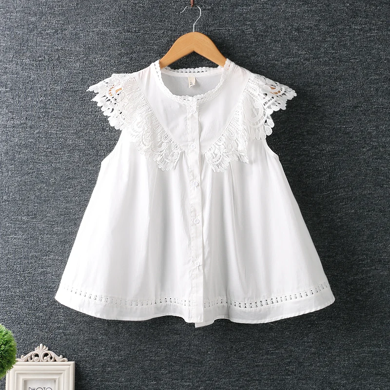 Summer New Sweet Mori Girl Solid Color Crochet Hollow Out Patchwork Shirts Women Stand Collar Sleeveless Casual Blouse Tops