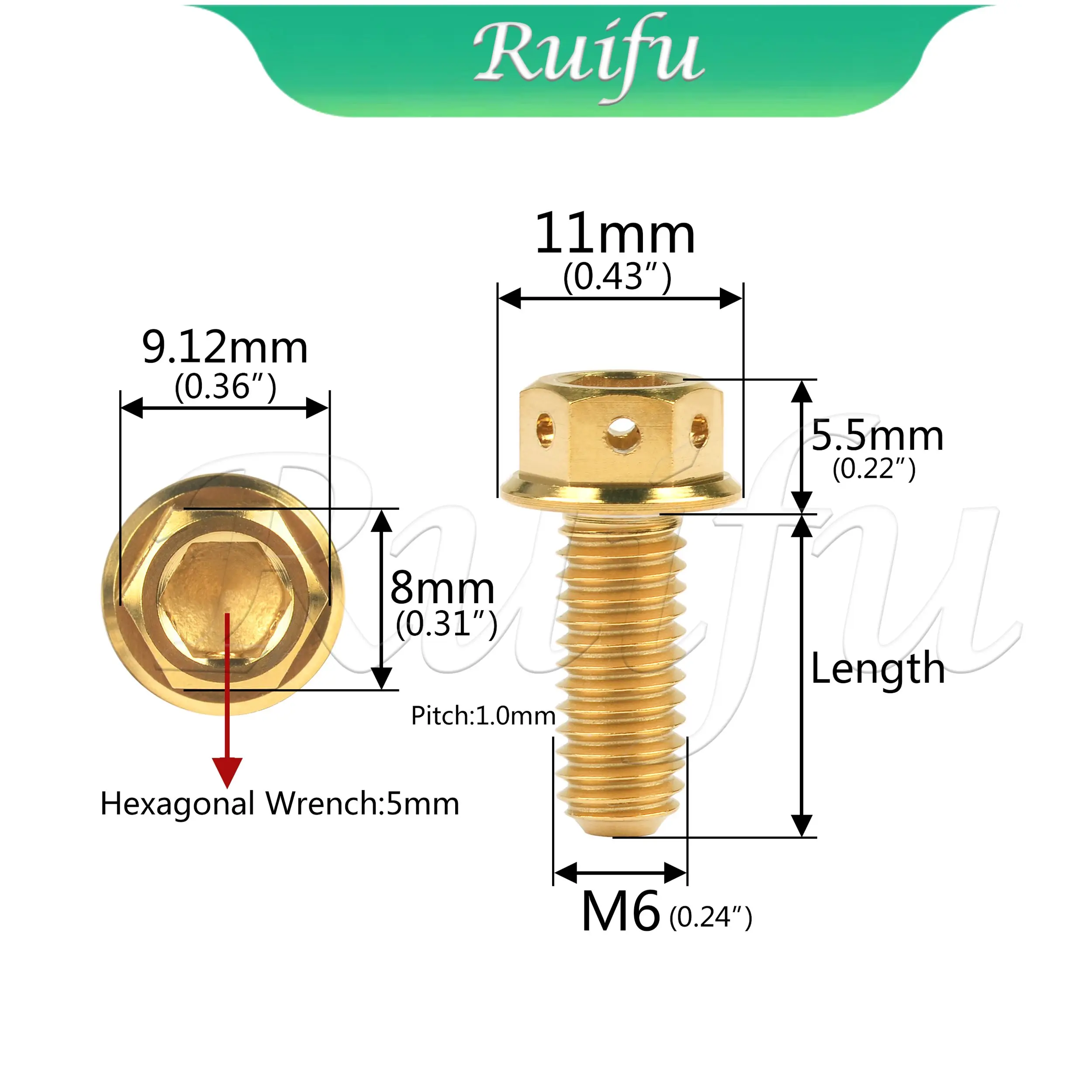 Ruifu Titanium Bolt 20PCSM6x10 15 20 25 30 35 40 45 50 55 60mm Flange with Holes Hex Head Screw for Motorcycle Brake Calipers