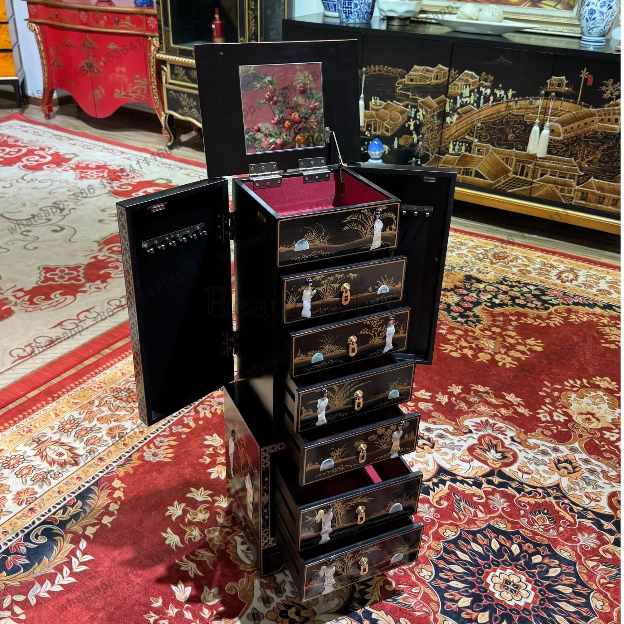 LD Vintage Jewelry Storage Cabinet Classical Large Capacity Decorative Storage Cabinet with mother-of-pearl craftsmanship