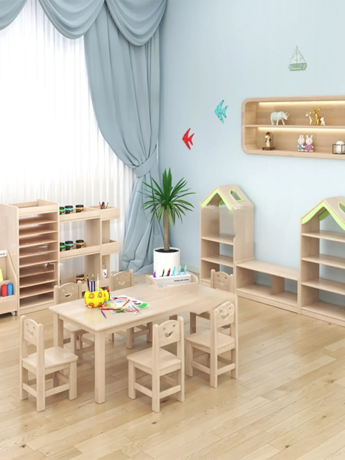 Kindergarten mobile art painting materials storage rack early education solid wood drawing paper art cabinet