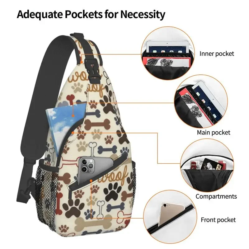 Mochila cruzada con estampado de patas de perros y huesos para hombre, bolso de pecho con estampado de huellas de animales, bandolera de hombro, viaje, senderismo, Daypack