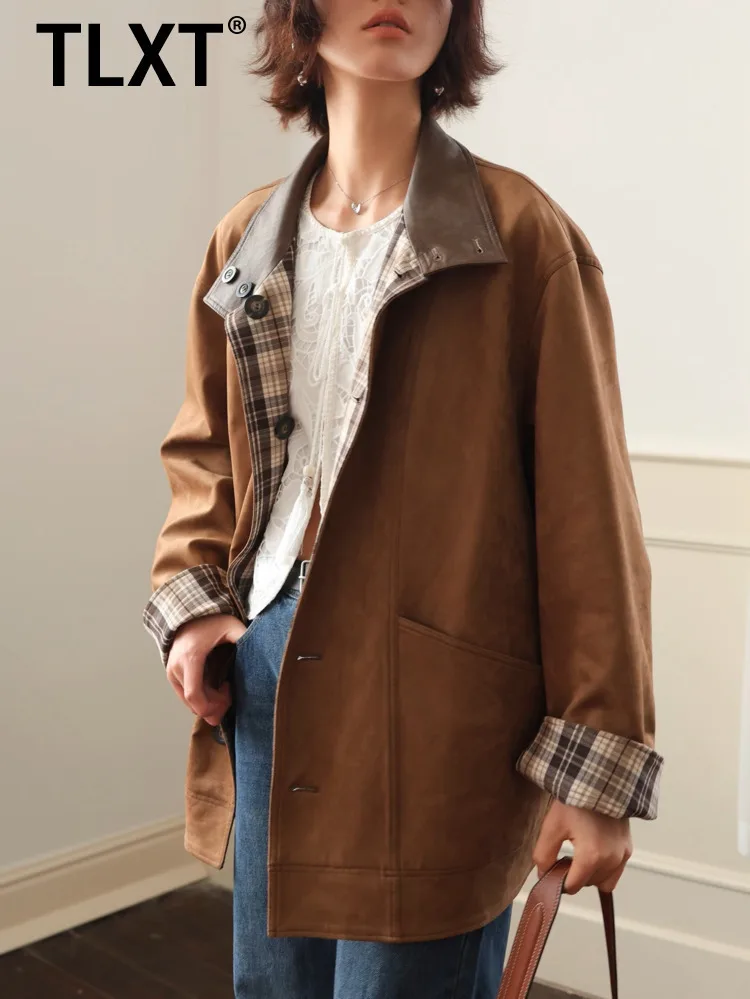 

TLXT модная женская элегантная двусторонняя куртка зимнее пальто шикарный воротник-стойка оверсайз теплая верхняя одежда коричневый кардиган новинка XK1599