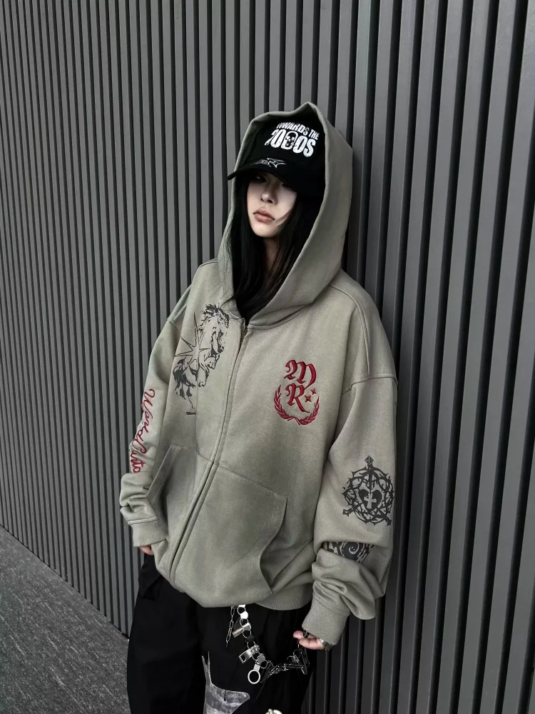 

American Style Street Fashionable Dirty Distressed Washing Zipper Hooded Printing Unisex Sweatshirt Loose Casual Coat
