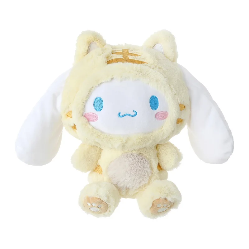 MINISO Sanrio Cinnamoroll serie muñeco de peluche pequeño tigre auriculares canela muñeca sentada muñeca súper linda muñeca de tela regalo de cumpleaños