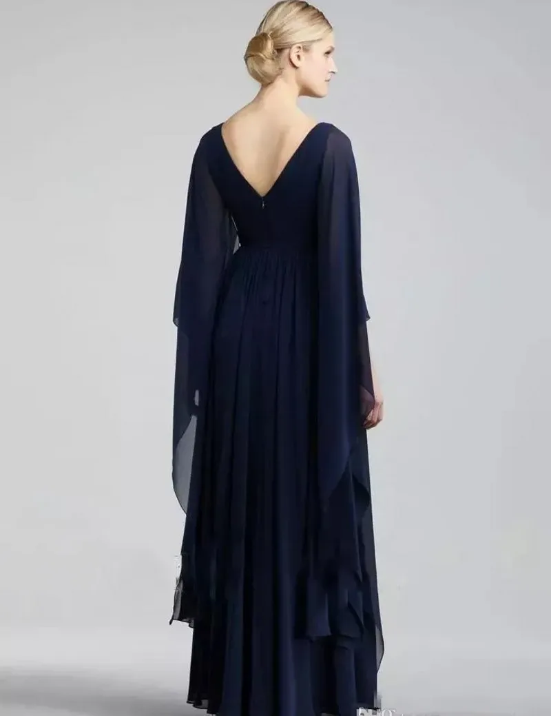 Navy Blue Chiffon Evening Formal Dress V Neck High Waist Beaded A-line Prom Pageant Party Gowns Robe De Soiree