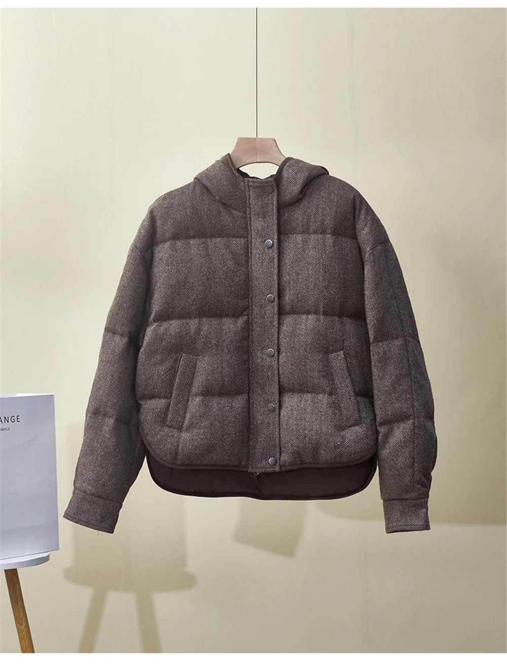 Winter Women's New Hooded Loose HerrinGbone Pattern Cardigan With Wool Splicing Goose Down Warm Down Jacket
