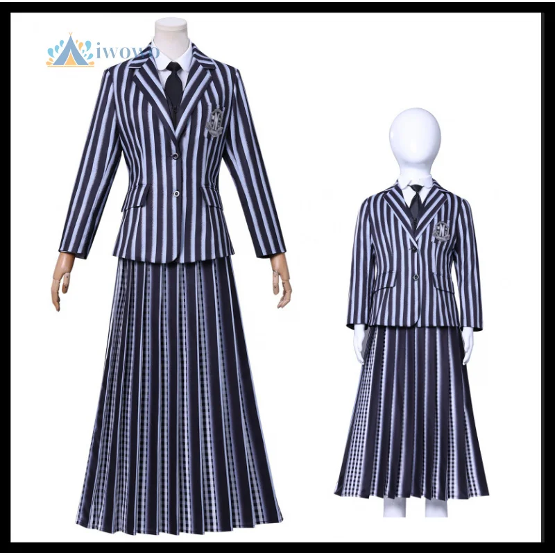 MovieWednesdayy AddamsFamilyCosplay Costume Kid Adult Halloween Grey Striped School Uniform Carnival Party Outfits