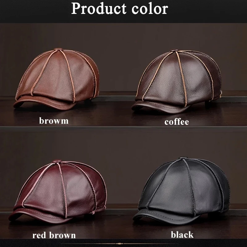 New Arrival 2024 Winter Men/Woman Genuine Leather Black/Brown Cowboy Caps Quality Cowhide Painter Hats Street Casquette