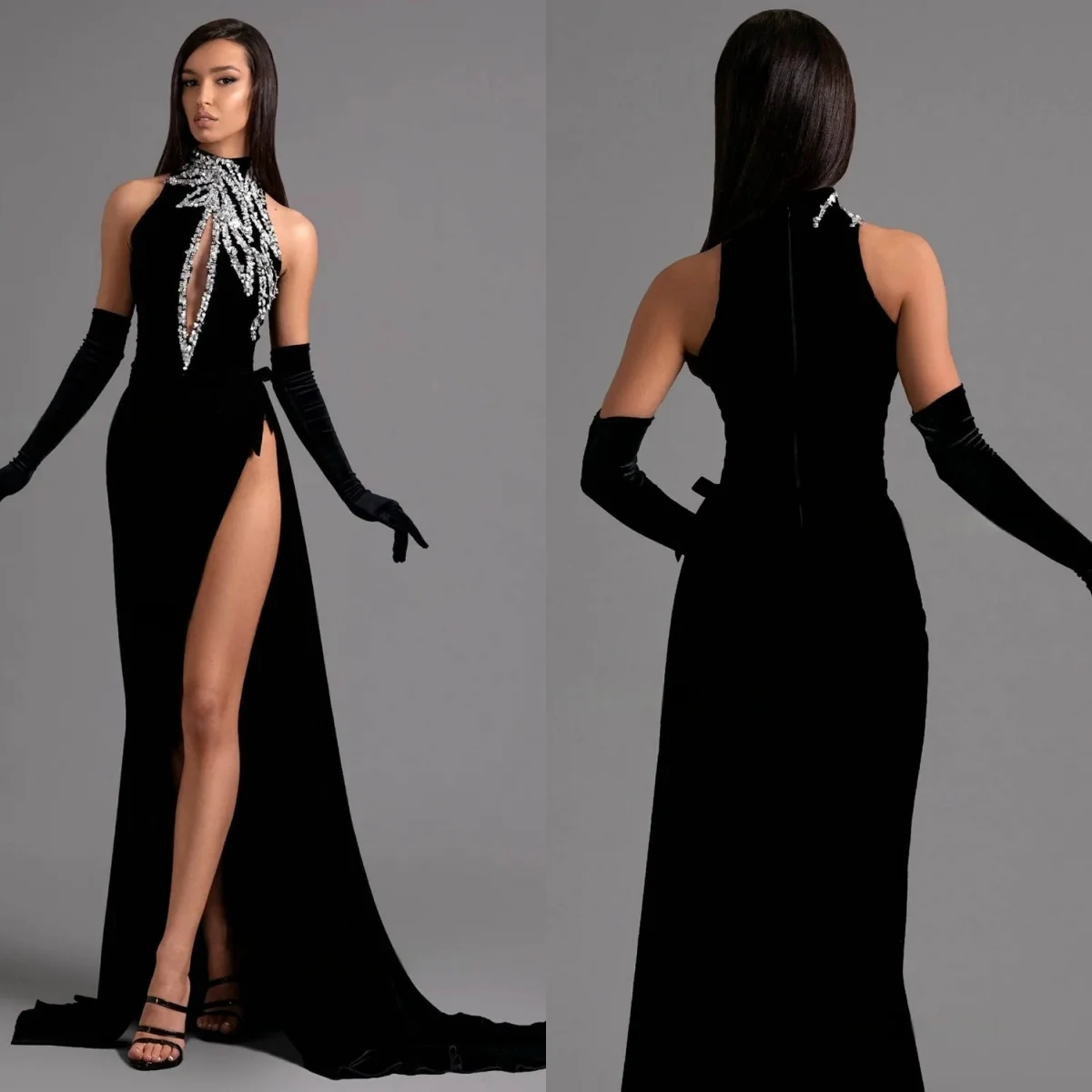 Vestido de noche de terciopelo negro personalizado, elegante, cuello redondo, manga desmontable, media manga, vestido de graduación con cremallera en la espalda, vestidos de celebridades