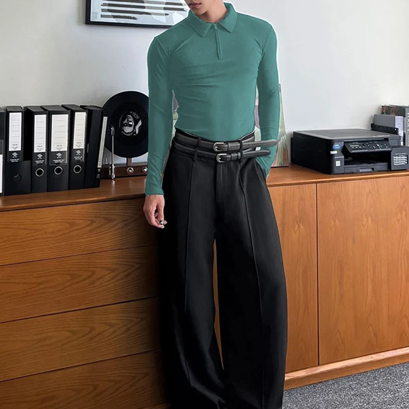 

INCERUN Men Shirt Solid Color Lapel Long Sleeve Zipper Casual Men Clothing Streetwear 2025 Knitted Fashion Unisex Shirts S-3XL