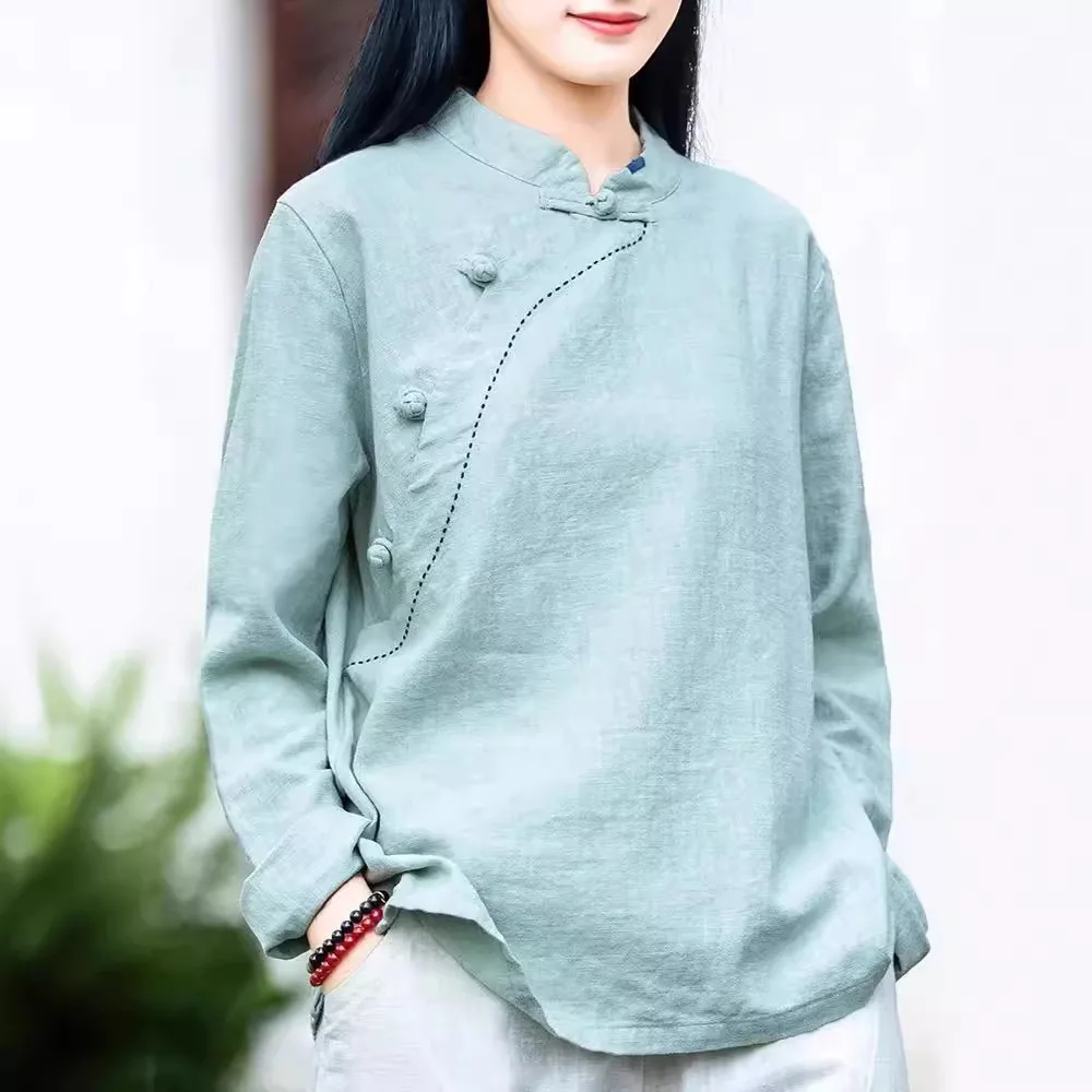 Women's Cotton and Linen Retro Stand Up Collar Long Sleeved Shirt New Traditional Chinese Style Top Simple Style Shirt