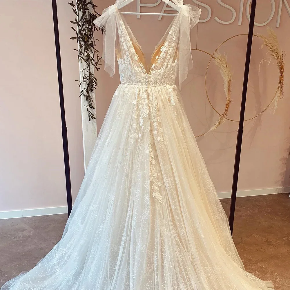 Sweetheart Bows Wedding Dresses For Princess V Neck Sleeveless Applique Elegant Bridal Gown Button Back vestidos de novia 2024