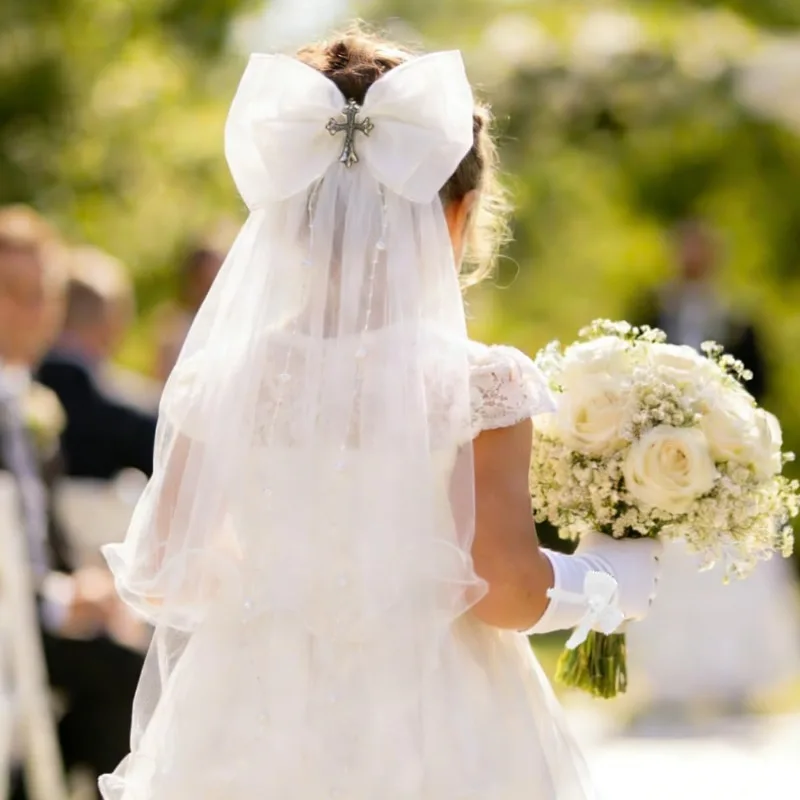 First Communion Veil for Girls Catholic 1st Holy Communion White Bow Headpiece Accessories Set Dress Up Party Supplies 6