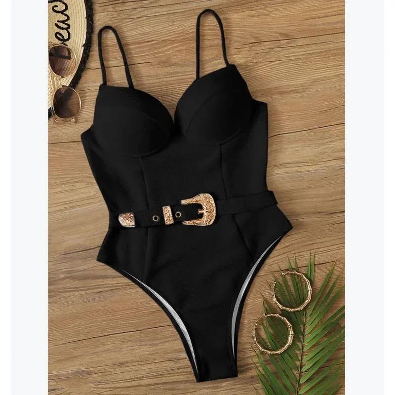 Sexy Push Up Underwire Swimwear Women Solid White Black Padded Buckle One Piece Swimsuit Beach Bathing Suit Bodysuit Monokini