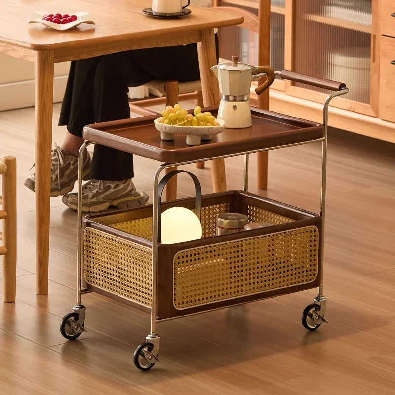 All solid wood rattan trolley movable small side table medieval corner sofa tea cart storage side cabinet