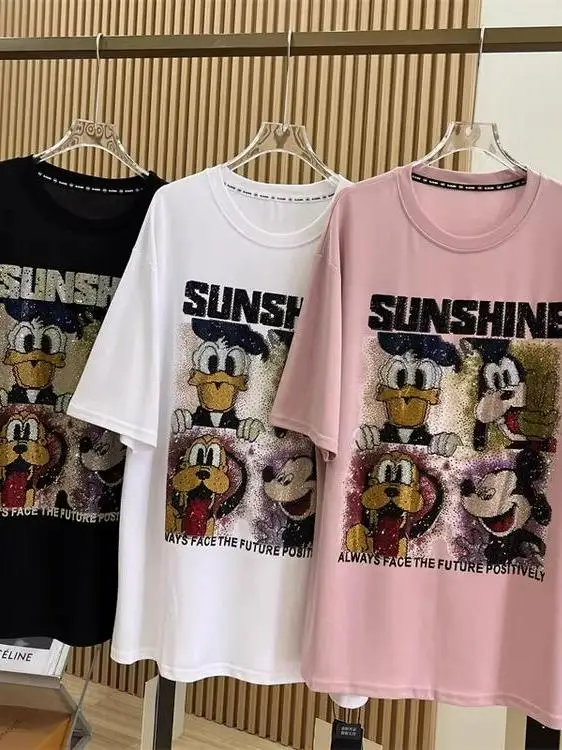 

plus Size Women's T-Shirt Heavy Embroidery Short Sleeve Loose Fit Mid-Length Cartoon Design Summer Casual Wear Polyester Fiber