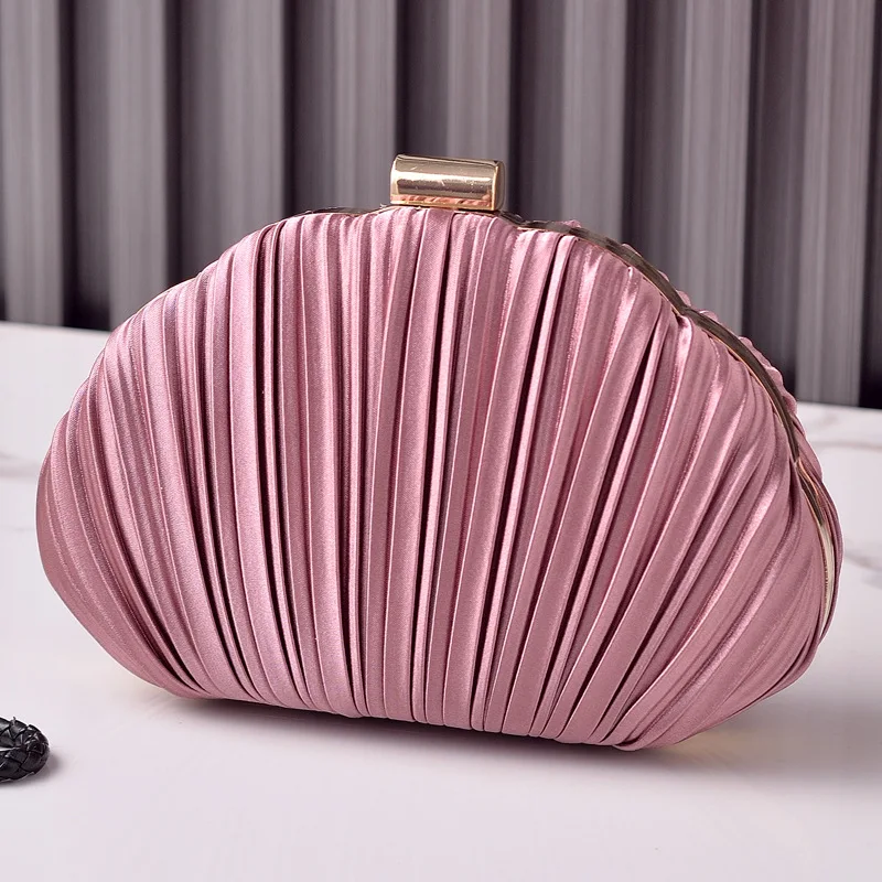 

Luxury Shell Design Evening Bag for Women Elegant Pleated Apricot Shoulder Bag Weddings Chain Handbags Banquet Clutches Purse