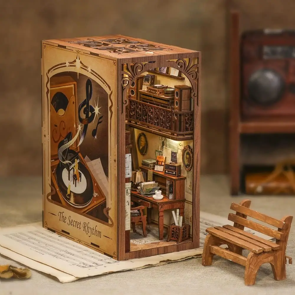Book Nook Kit, DIY Miniature Dollhouse Booknook for Adults | 3D Wooden Puzzle Bookend Bookshelf Insert Decor with LED Light, Gif