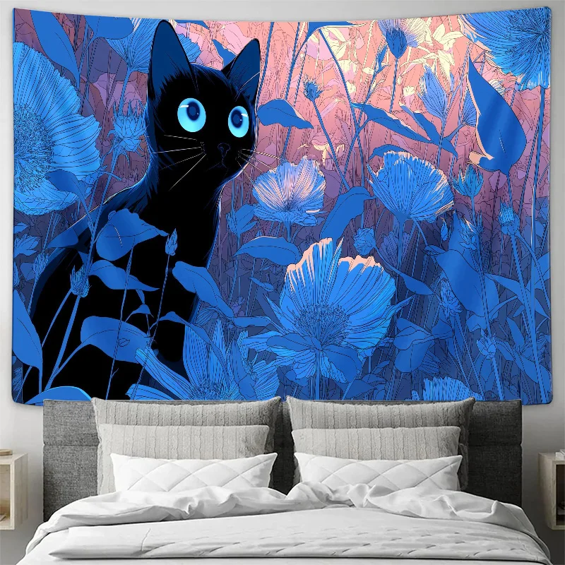 Black Cat Blue Flower Garden Wall Tapestry Machine Washable All Season Decor Art Print Kawaii Animal Design HomeElevate Space