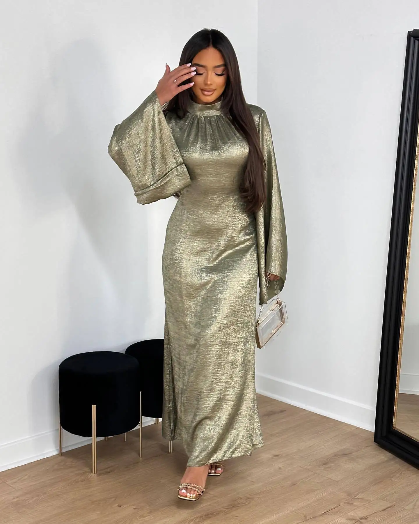 satin islamic dress Satin Navy Blue Islamic Long Sleeve Dress 3984L