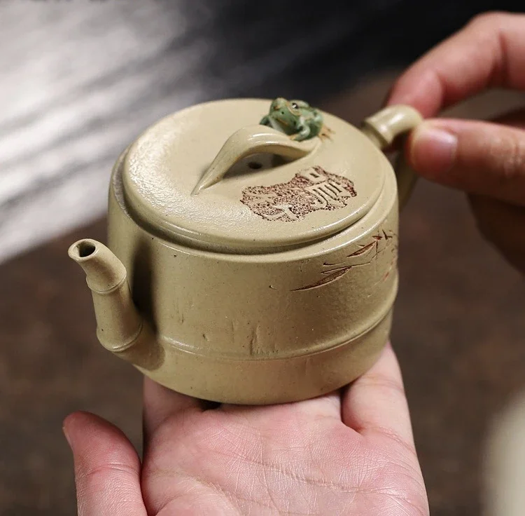 140ml Yixing Handmade Purple Clay Teapot, Raw Ore, Bamboo Gold Sand,Kung Fu Tea Set